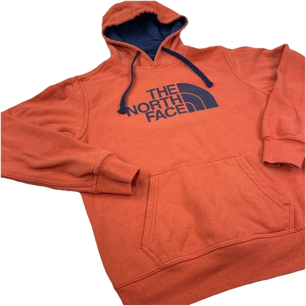 North Face Hoodie Men Small Orange Blue Sweatshirt Sweater Spell Out Outdoor A67